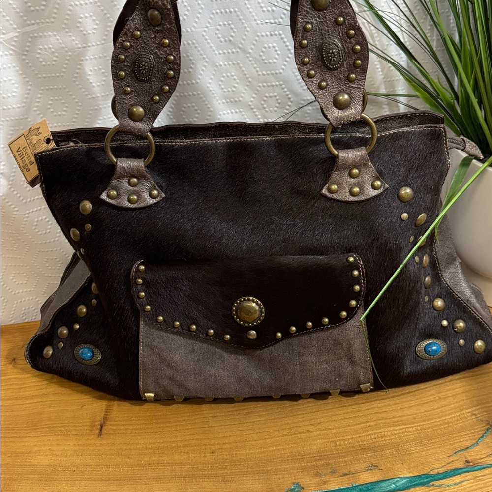 Laura Di Maggio Italian Leather suede western turquoise brass studs cow hair
